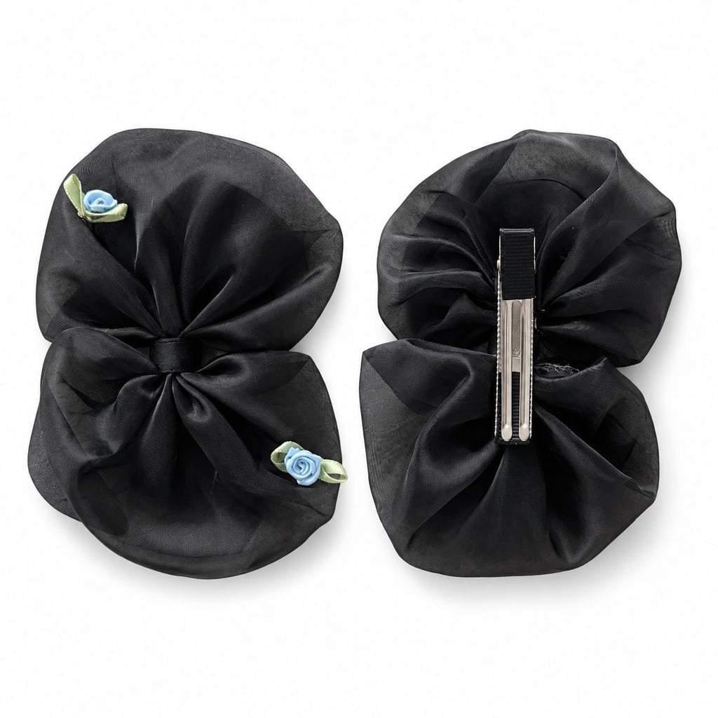 Black organza bow hair clips with blue rosebuds
