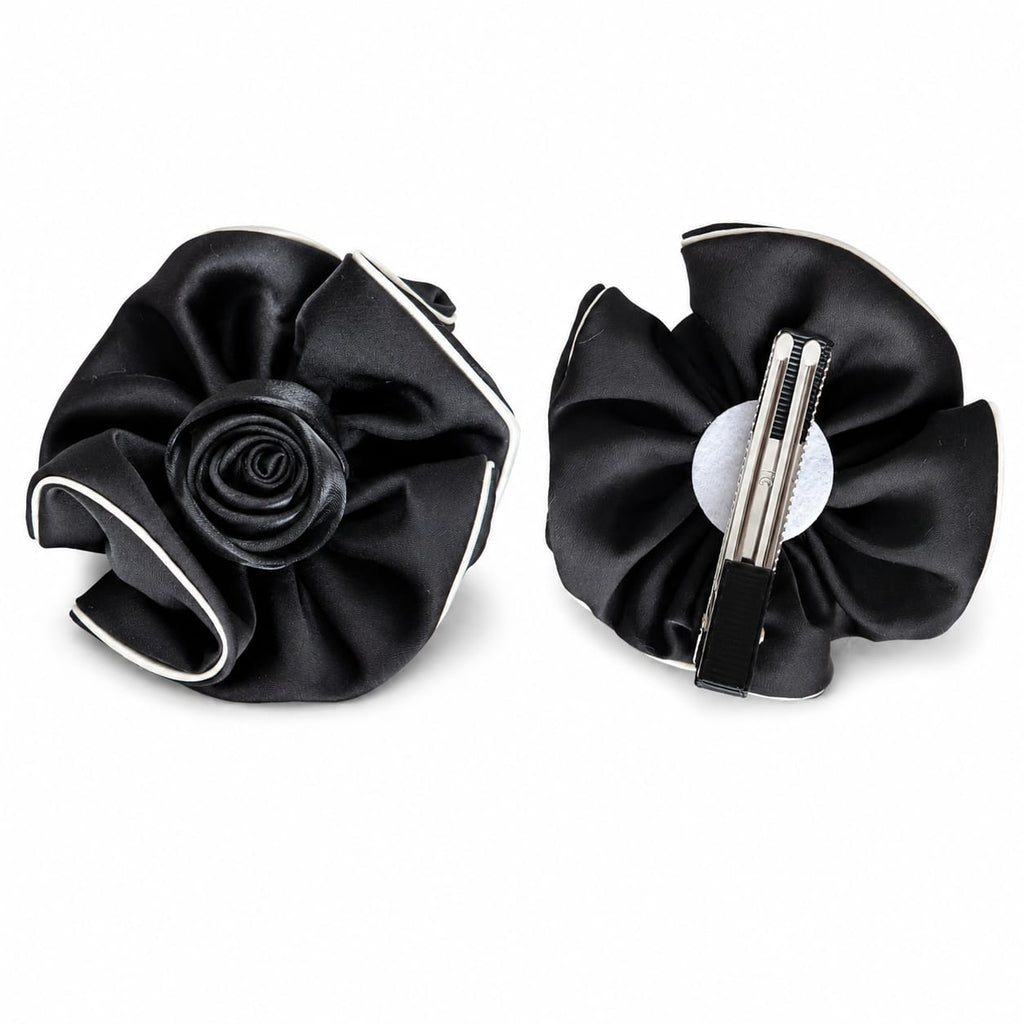 Black satin rose hair clip with cream piping
