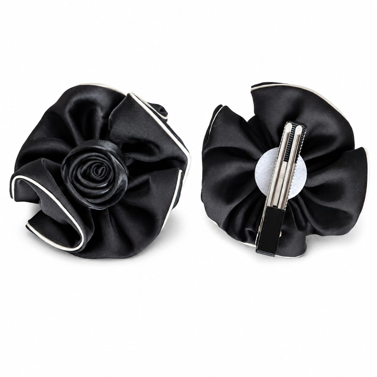 Black satin rose hair clip with cream piping