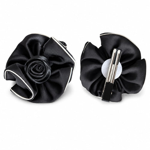 Black satin rose hair clip with cream piping