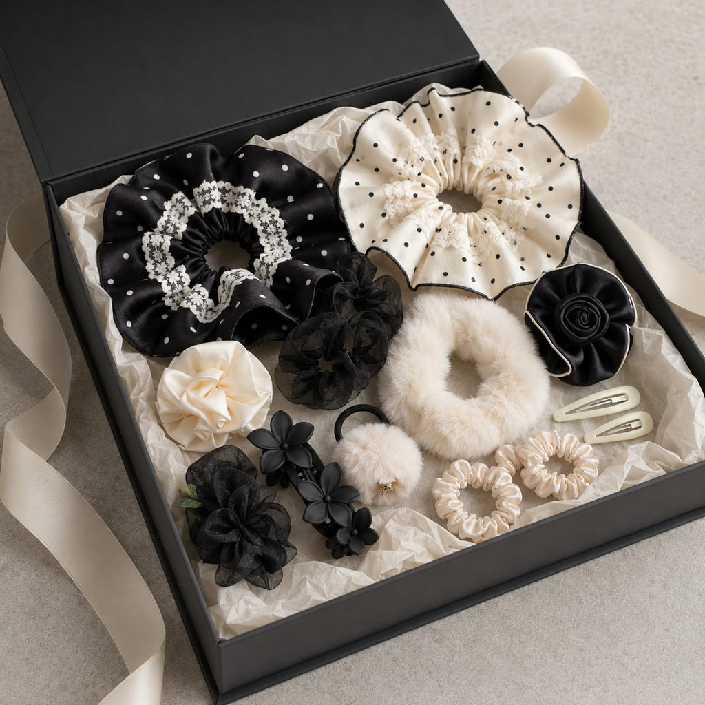 The Noir & Ivory Dabba – 13-piece black and ivory hair accessories curated gift box for women, My Dabba Canada