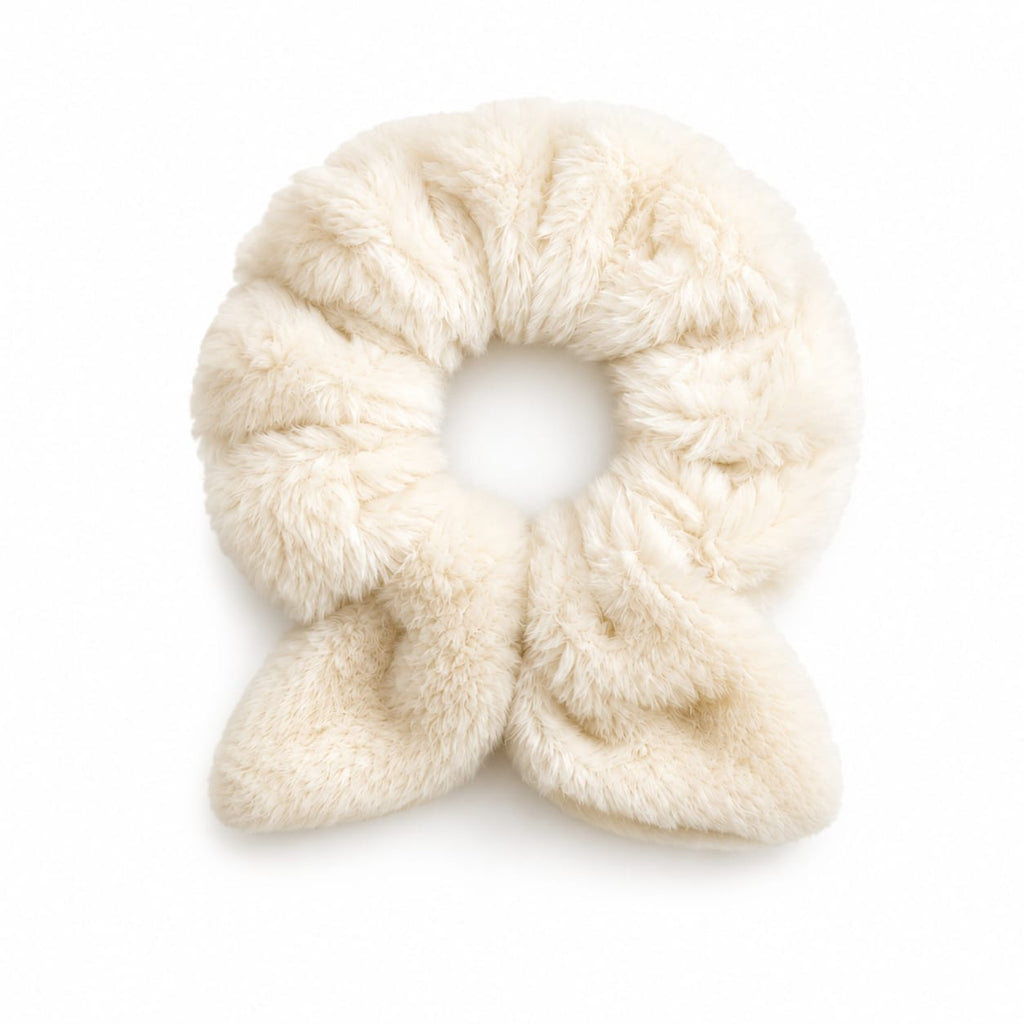 Ivory faux fur scrunchie with bow