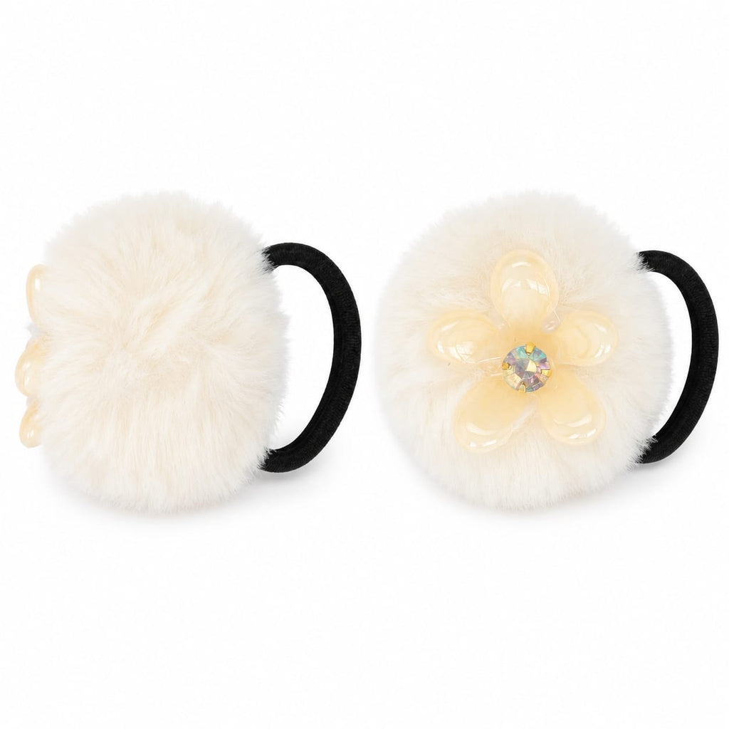 Cream pom-pom hair ties with jewel flower