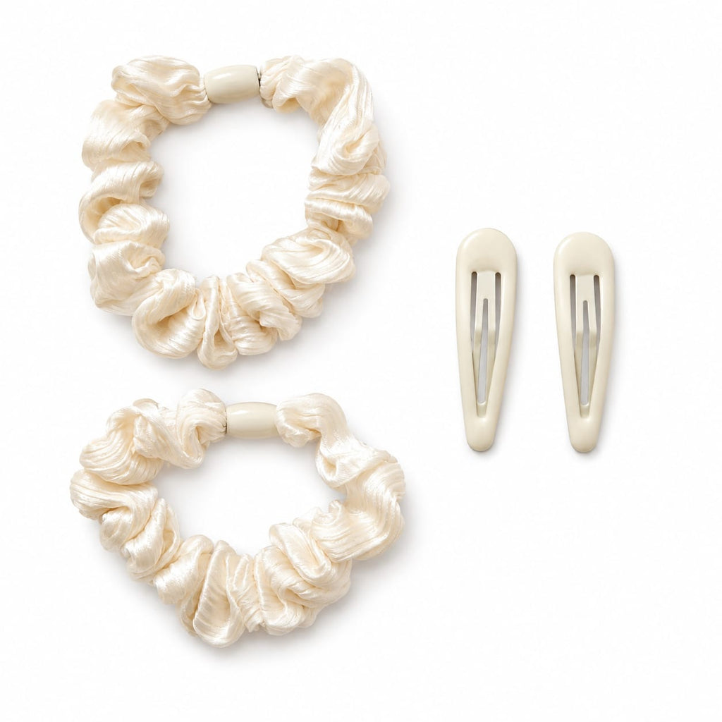 Cream satin mini scrunchies and snap hair clips