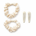 Cream satin mini scrunchies and snap hair clips