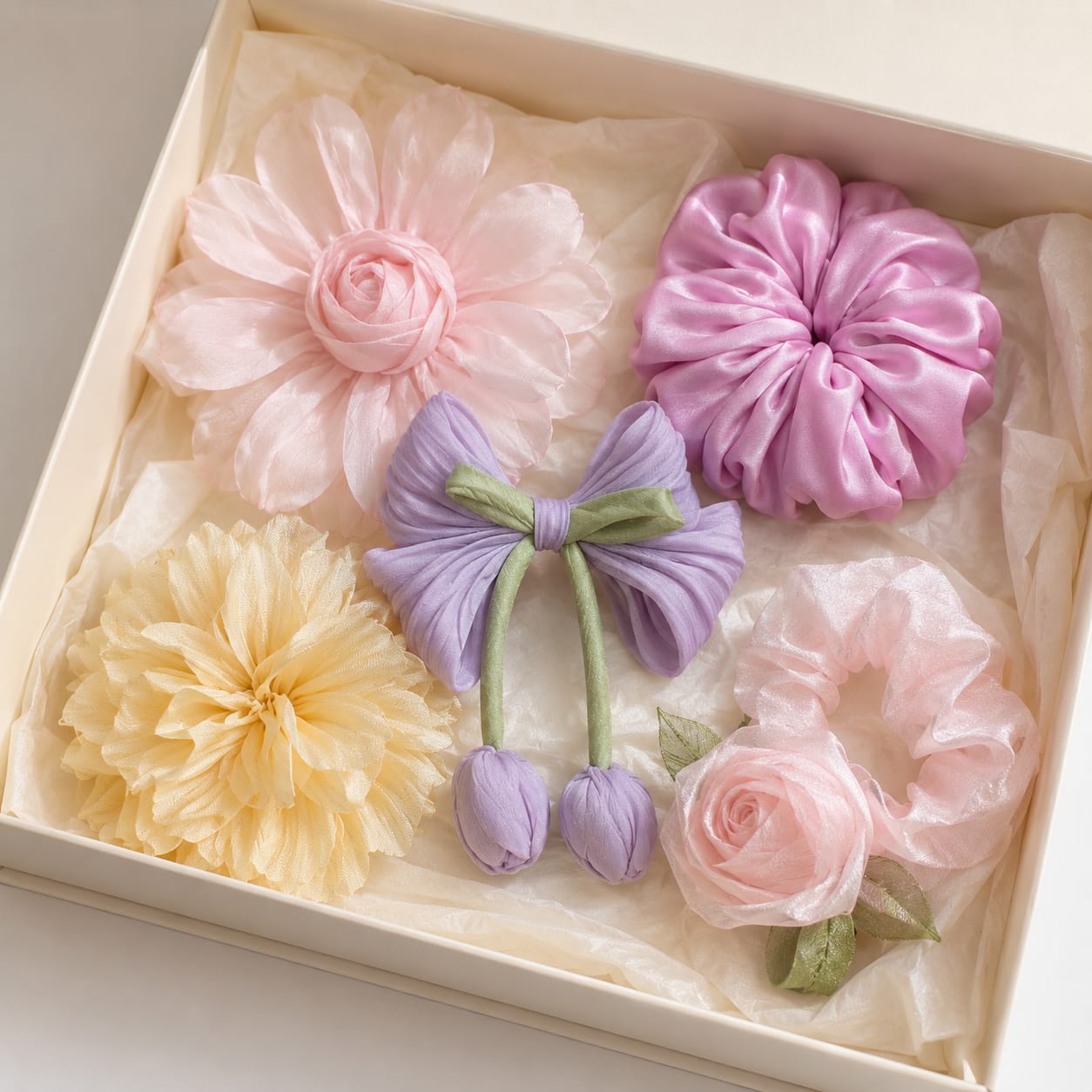 The Pastel Bloom Dabba – pink, lilac and yellow pastel hair accessories curated gift box for women, My Dabba Canada