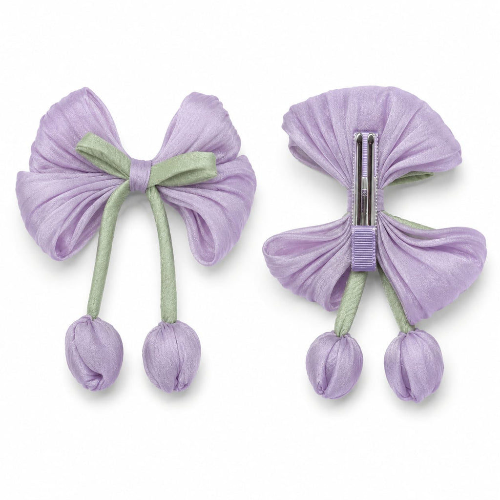 Lilac tulip bow hair clip with sage green ribbon