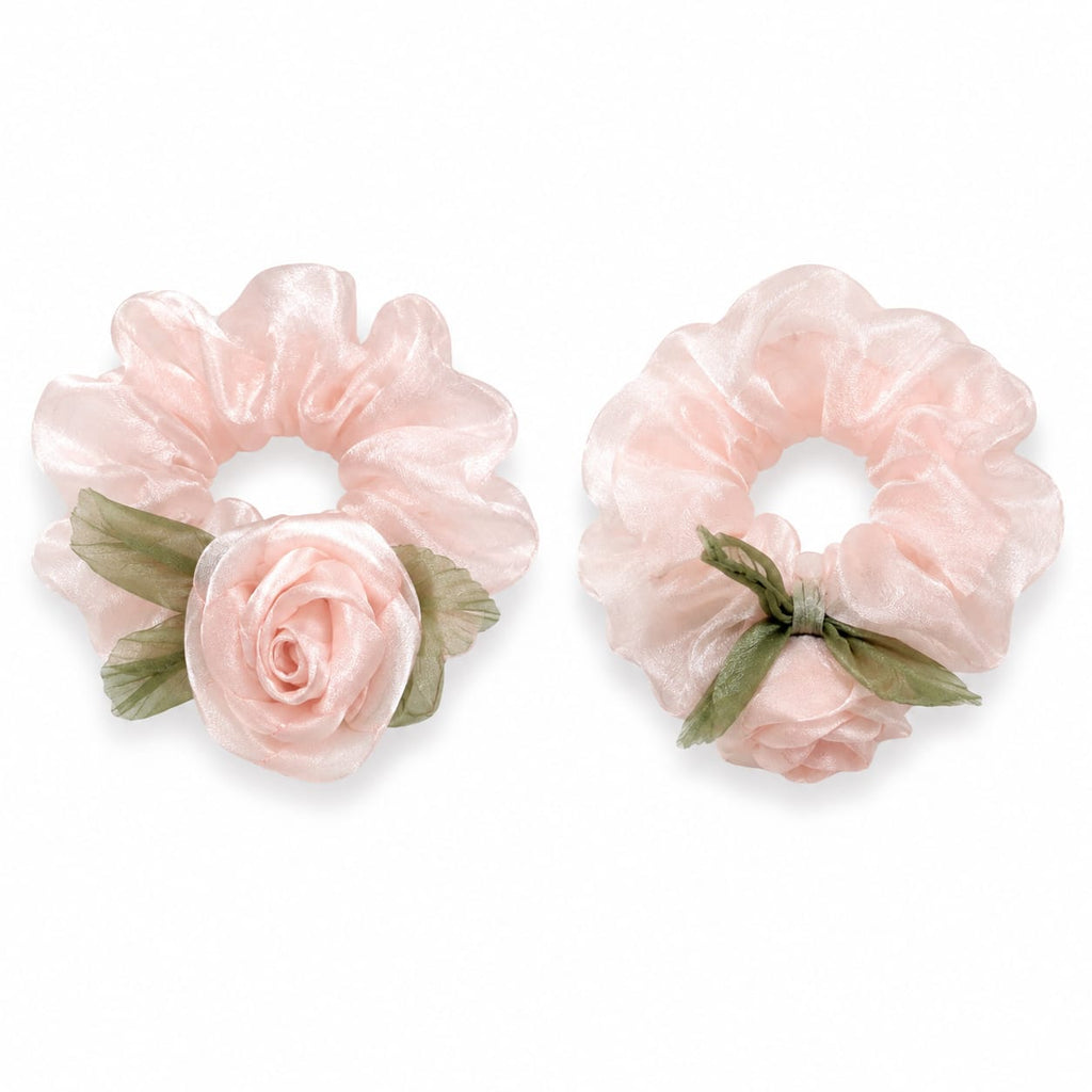 Peach rose organza hair tie with green leaves