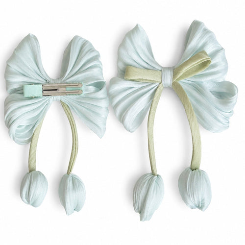 Blue tulip bow hair clip with silk tulip tails