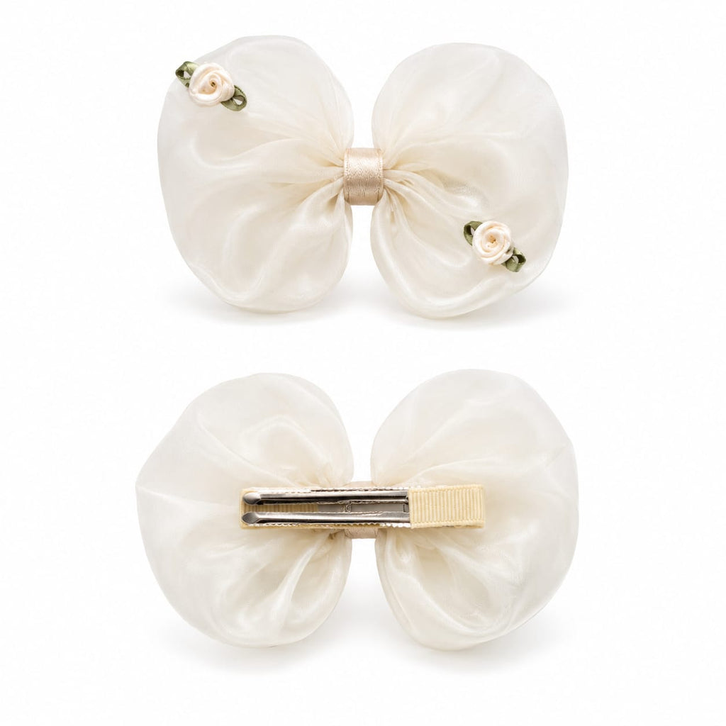 Cream organza bow hair clip with rosebuds