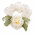 Cream rose organza scrunchie with green leaves
