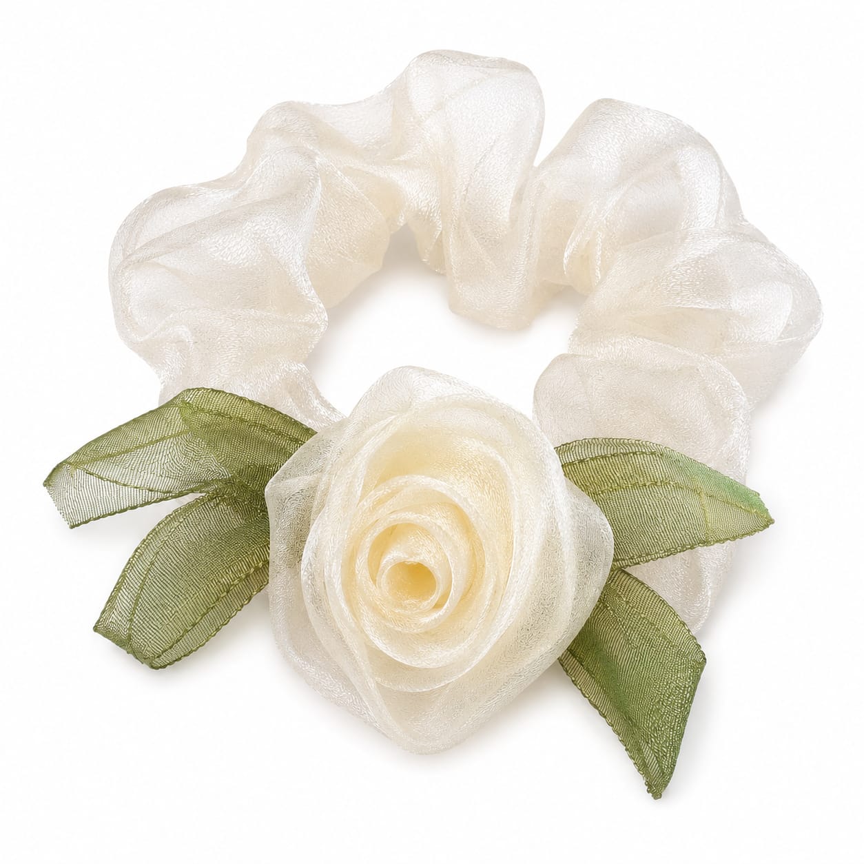 Cream rose organza scrunchie with green leaves