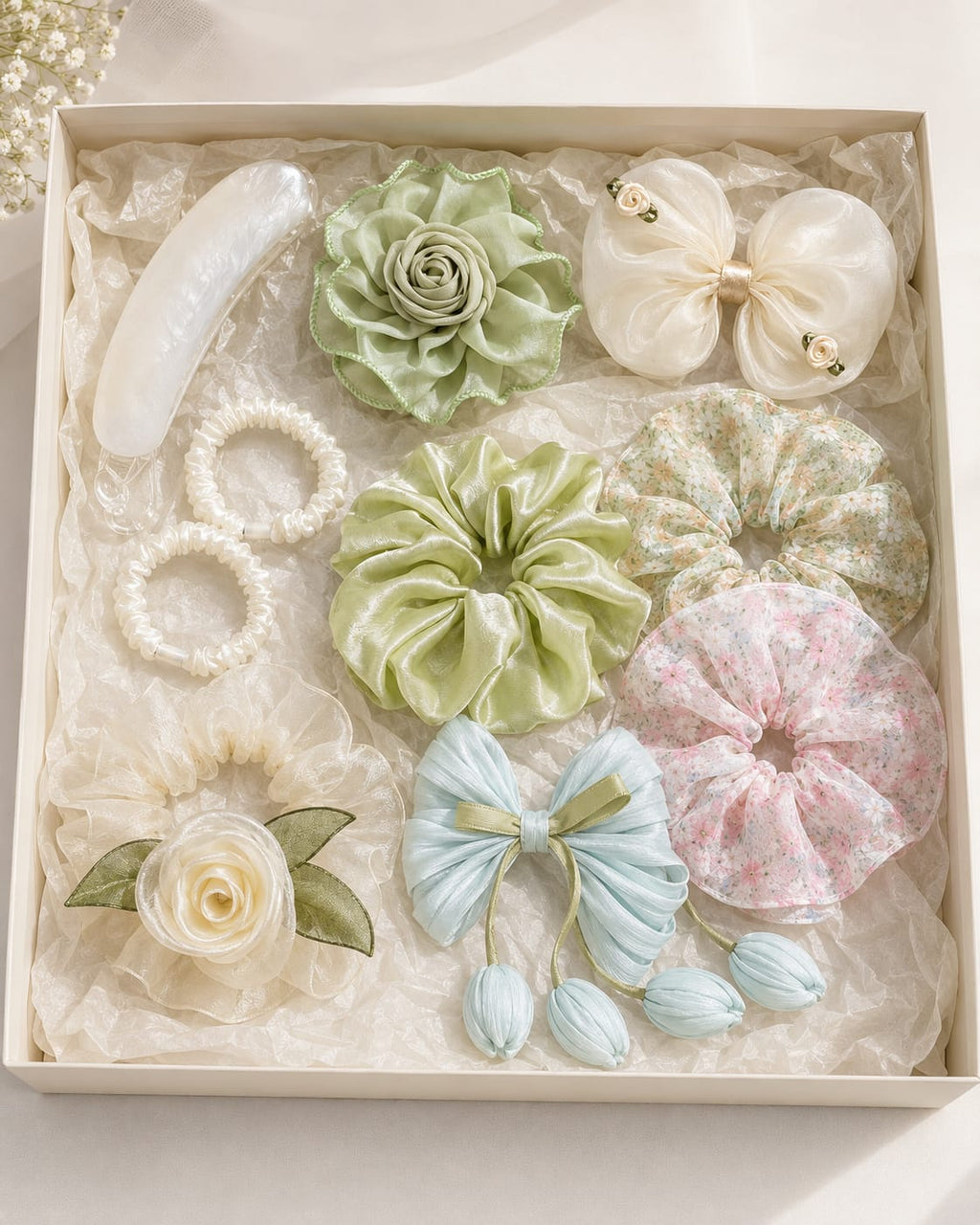 The Sage & Pearl Dabba – sage green and pearl hair accessories curated gift box for women, My Dabba Canada