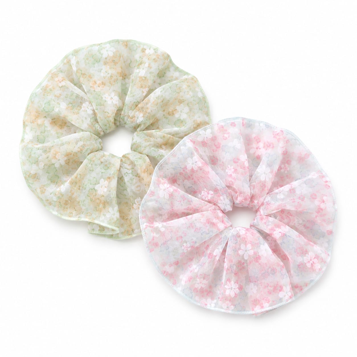 Floral organza scrunchies in sage and blush
