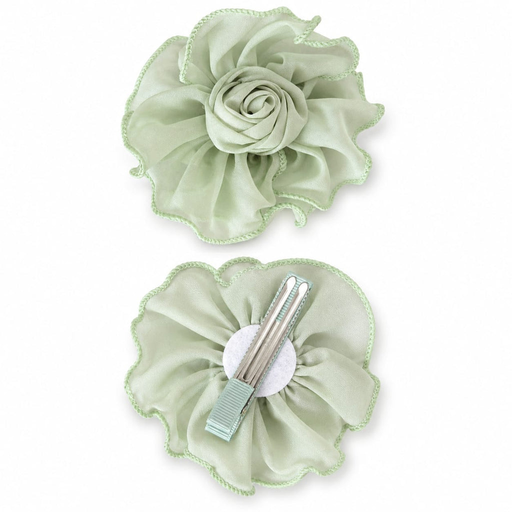 Sage green rose flower hair clip in organza