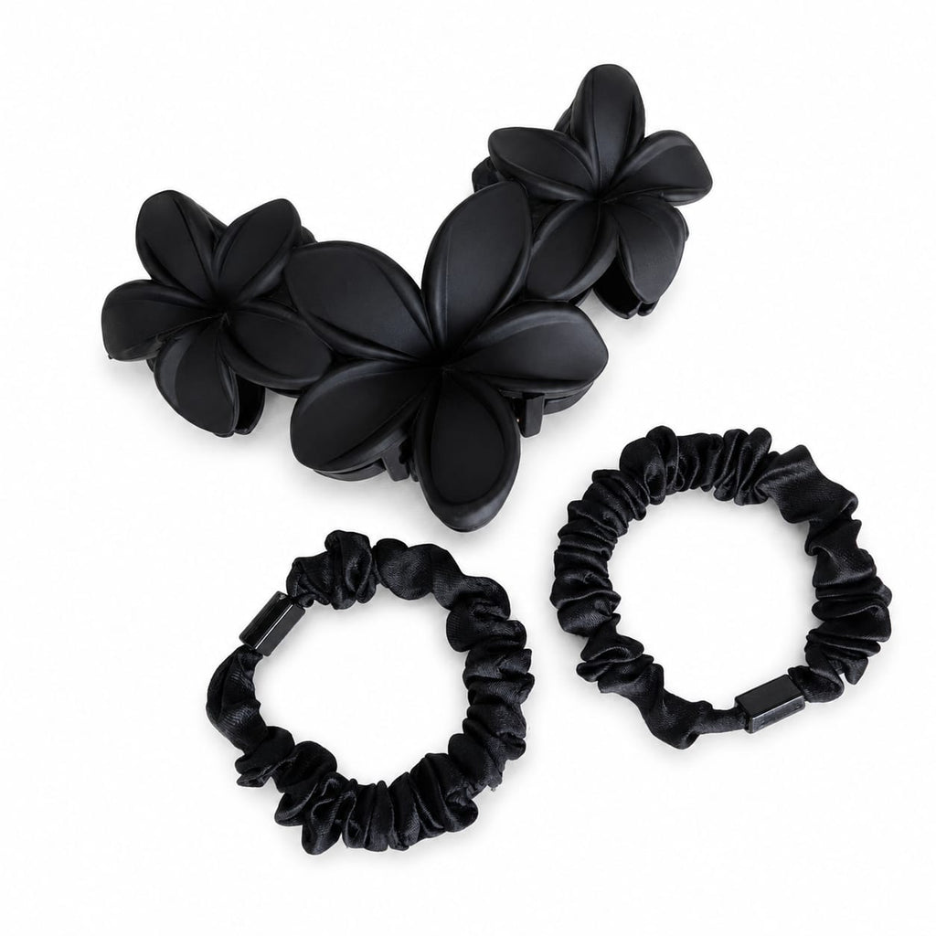 Black frangipani claw clip and black satin mini scrunchies