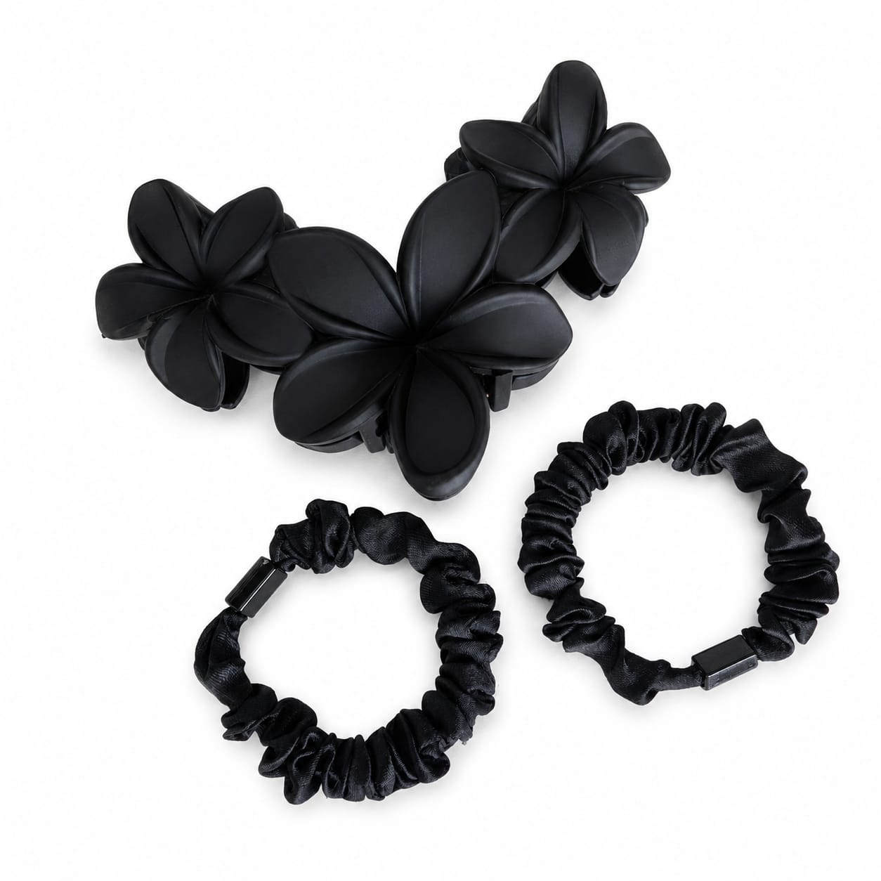 Black frangipani claw clip and black satin mini scrunchies