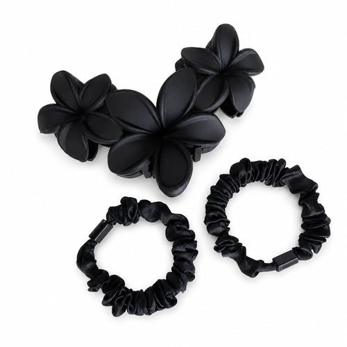 Black frangipani claw clip and black satin mini scrunchies