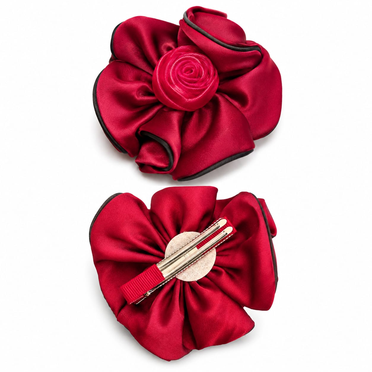Red satin rose flower hair clip with black trim