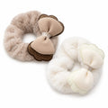 Taupe and cream faux fur scrunchies with bows