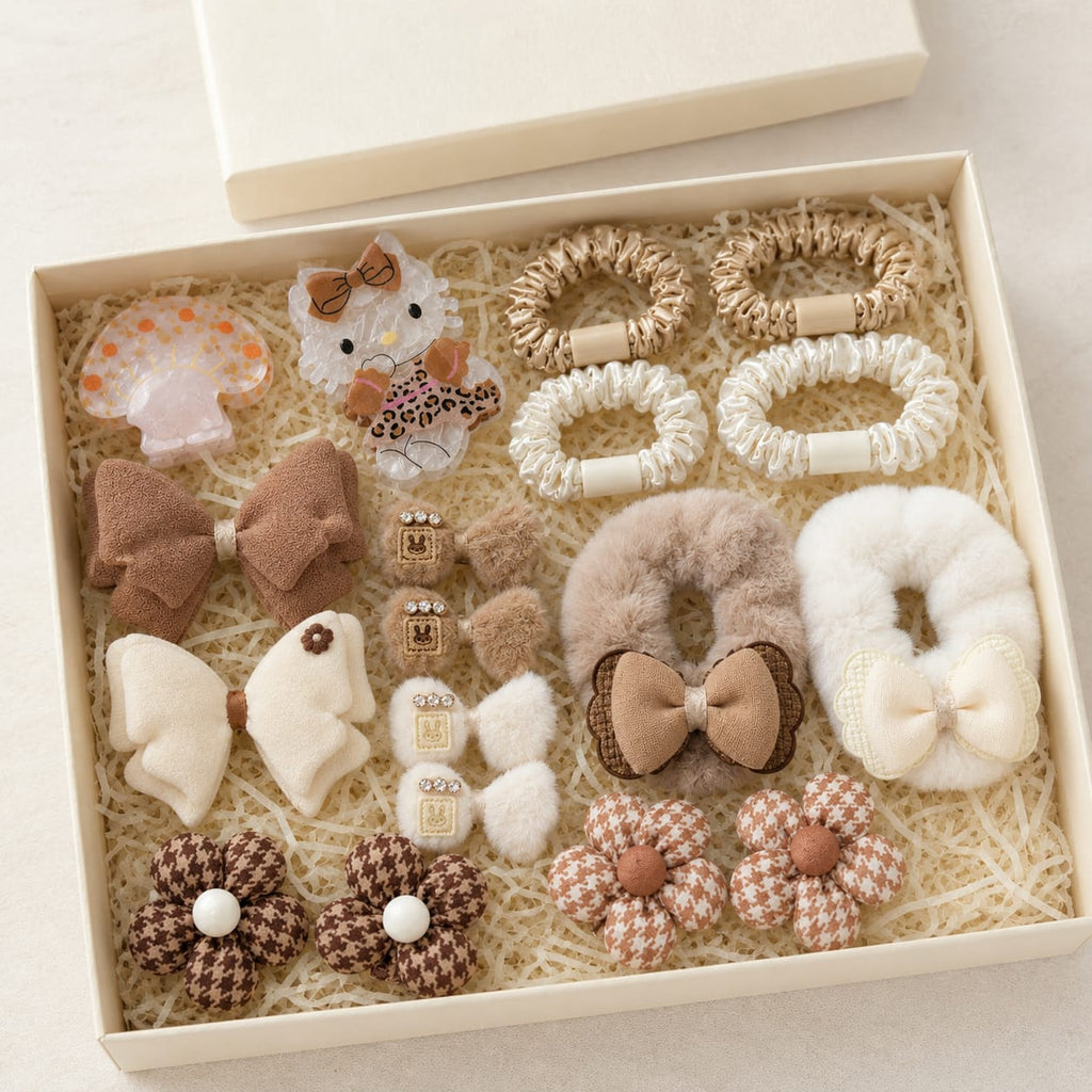 The Toffee Teddy Dabba – 18-piece caramel and cream hair accessories curated gift box for girls, My Dabba Canada