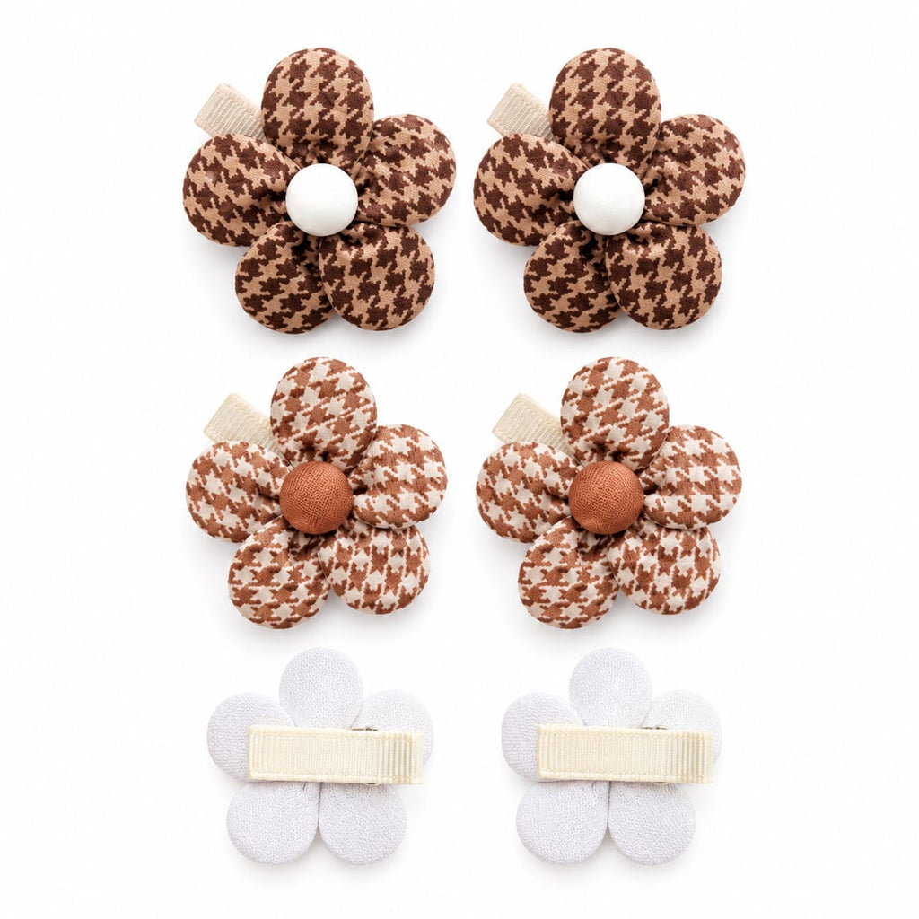 Brown and tan houndstooth flower hair clips