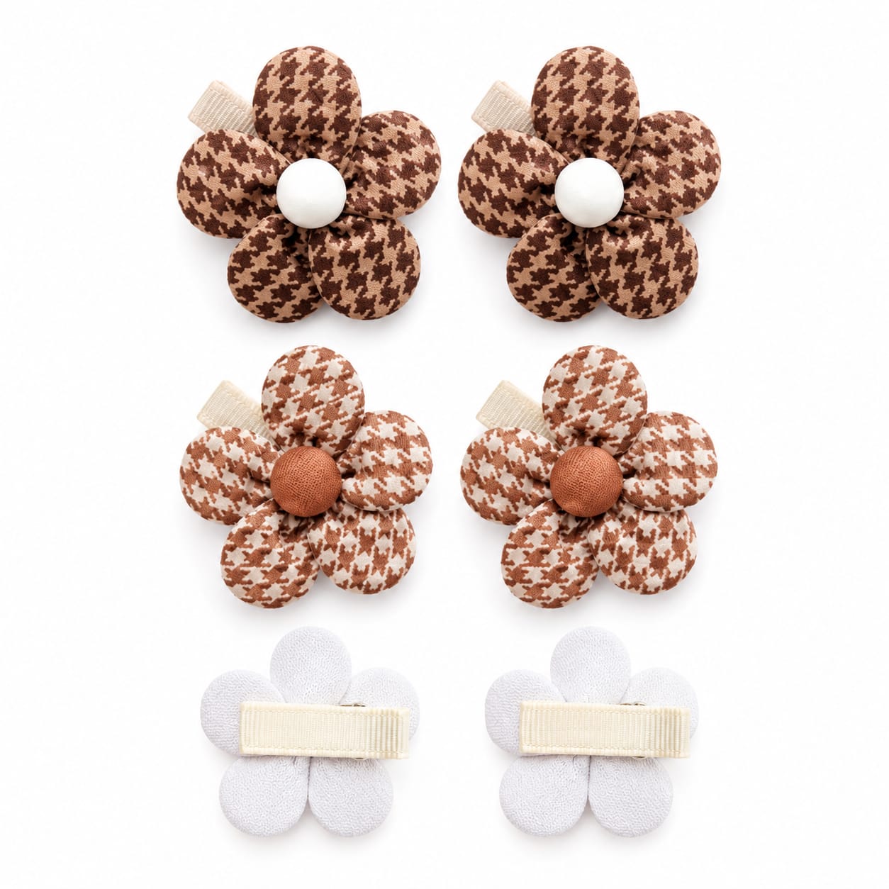 Brown and tan houndstooth flower hair clips