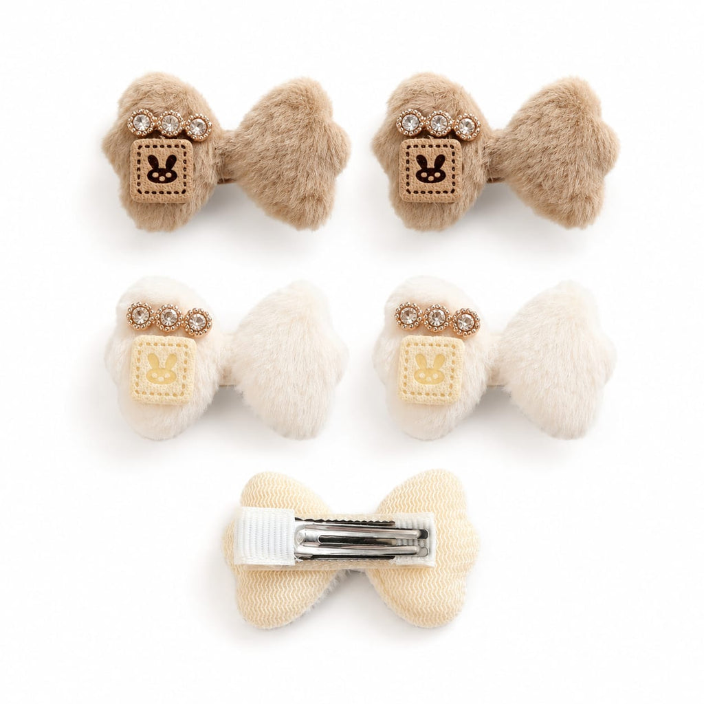 Mini fur bow hair clips with rhinestones and bunny patches