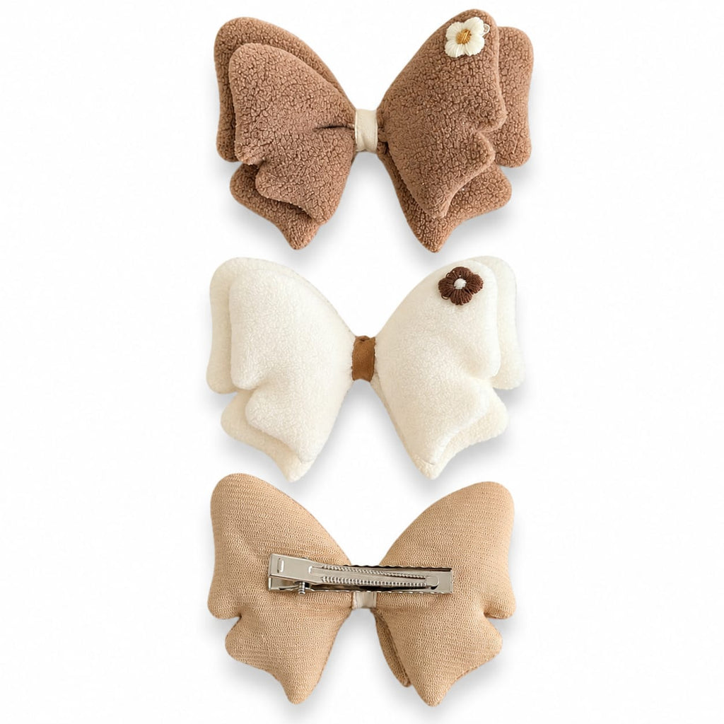 Mocha and cream teddy butterfly bow hair clips